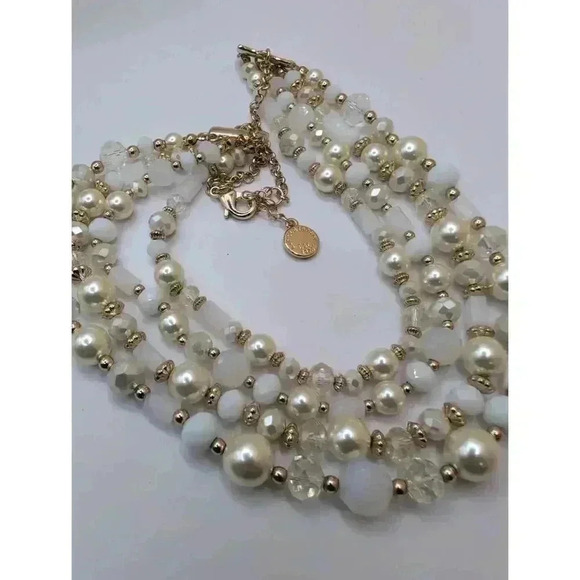 Liz Claiborne Cream Vanilla Goldtone Acrylic Beads Multi Strand Necklace - Picture 4 of 7